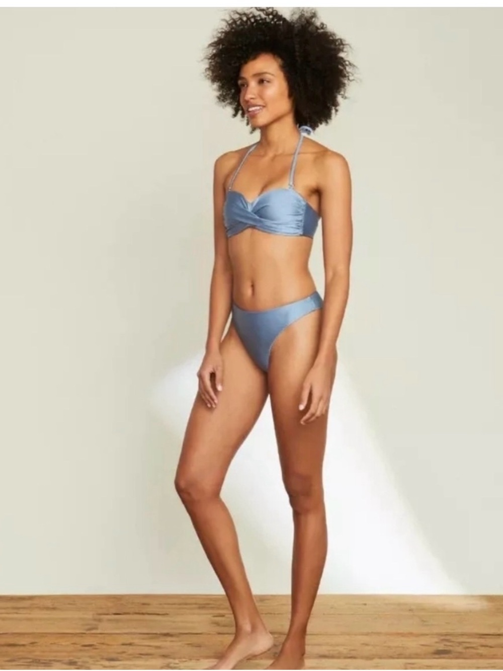Veronica Beard Lina & Marau Satin Twist Bandeau Bikini Set in Steel Blue Petrol